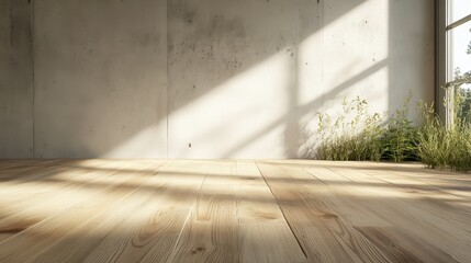 A minimalist room features a wooden floor with sunlight pouring in through tall windows, creating a tranquil, organic space that enhances natural beauty.