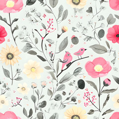 Floral Pattern with Birds and Blooms