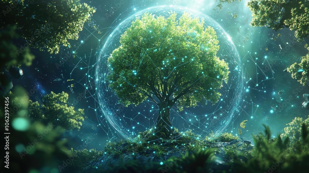 Poster a large tree with green leaves stands in the middle of a forest, surrounded by a glowing orb and int