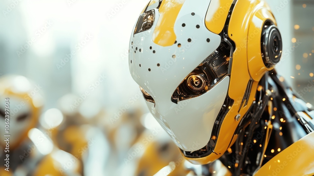 Poster a futuristic robot with distinct yellow accents illuminating from mechanical joints, exuding energy 