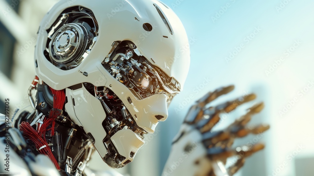 Poster Close-up of an advanced humanoid robot with a sleek, futuristic metallic design, showcasing intricate mechanisms and a modern technological aesthetic.