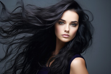 Fototapeta premium Stylish coiffure, brunette woman with long curly hair on gray background, beauty and hair care concept