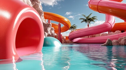 Brightly colored orange and pink waterslides curved around rocky structures and palm trees, capturing a playful and adventurous theme in nature.