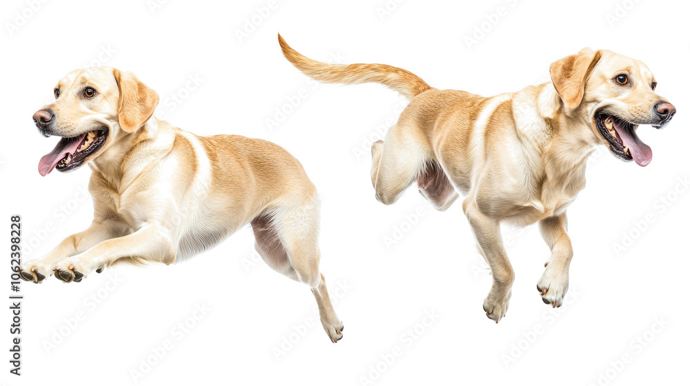 Poster happy jumping labradors in playful motion on a transparent background generative ai