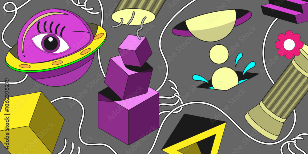 Aufkleber collage with various randomly placed psychedelic objects. fantasy background. vector illustration