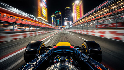 Fototapeta premium Red bluen and yellow Formula 1 racing car in the streets of Las Vegas at night from the driver cockpit point of view