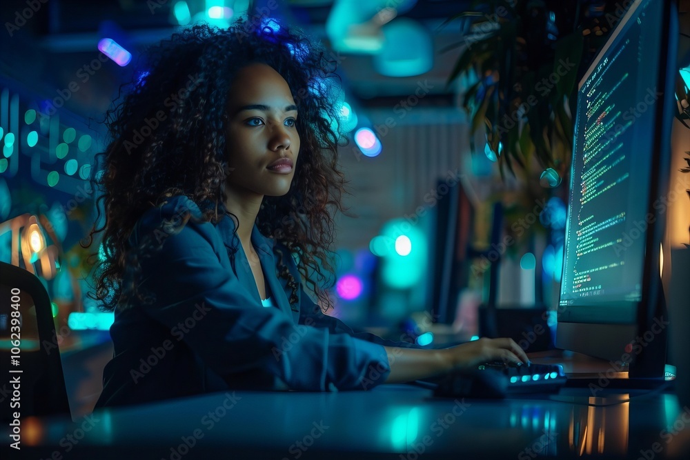 Poster female software developer working on computer in office