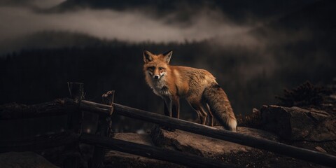 Red Fox Standing on Rocky Landscape in Twilight