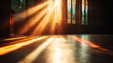 A golden light filters through vibrant stained glass windows, casting colorful reflections on the polished floor of a quiet church interior, evoking tranquility.