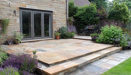 Beautiful Indian sandstone patio with an attractive garden and bifold doors.