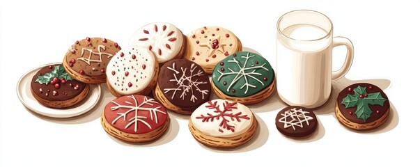 a table full of Christmas cookies and milk, colorful and inviting, flat design illustration, isolated on white background
