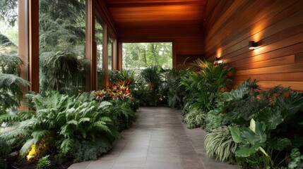 A wood-paneled corridor features lush green plants along its length, with ambient lighting enhancing the natural decor, creating a serene and sophisticated space.