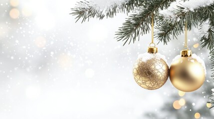 Beautiful Christmas tree background with Christmas tree branches and gold Christmas tree toys