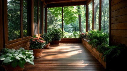 A cozy veranda basking in sunlight, surrounded by lush greenery in pots and wooden floorboards, offering a peaceful and natural retreat in the forested setting.