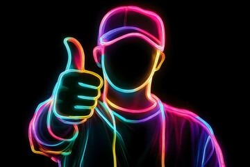 Neon silhouette of a satisfied customer isolated on black background.