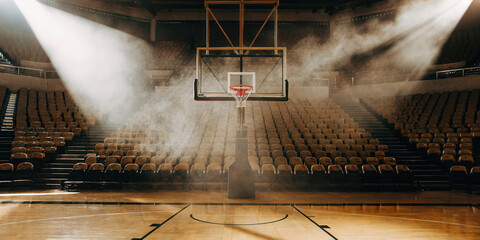 Basketball Hoop and Arena in Spotlight with Smoky Atmosphere