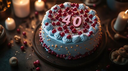A delicious birthday cake with the number 40 on top, surrounded by candles, cherries and sprinkles.