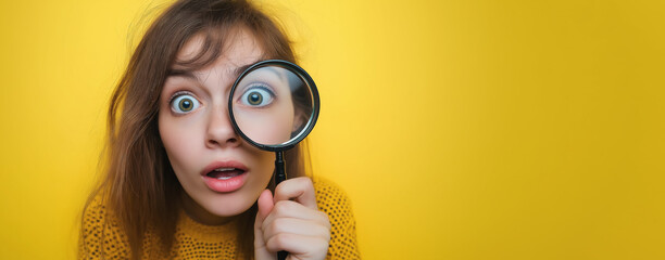 Young woman looking through magnifying glass loupe, funny surprised face expression, mouth slightly open, studio photo with copy space on side. Generative AI