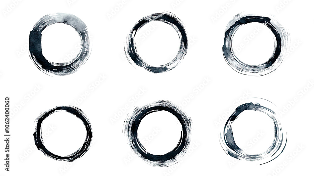 Poster six unique circular brush stroke designs on transparent background generative ai