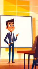 Flat illustration of an businessman presenting in front, big white screen on the wall, simple graphic design with black outline