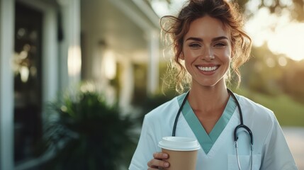 A smiling doctor wears her medical uniform and holds a coffee cup against the backdrop of a sunny hospital exterior, evoking care and professionalism.