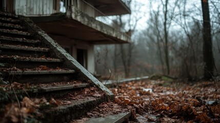 An abandoned building stands amidst a forest, surrounded by fallen autumn leaves, creating an atmospheric scene of melancholy, nature's reclaim, and historical decay.