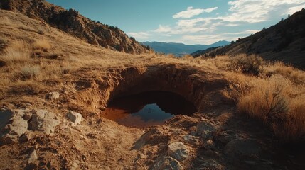 A breathtaking view of a mountainous landscape showcasing a natural water formation, nestled amidst rugged cliffs under a bright blue sky with scattered white clouds.
