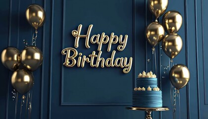 Glittery 3D "Happy Birthday" text on a dark blue wall, framed by metallic balloons and a tall cake in front.