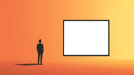 Obraz premium Flat illustration of an businessman presenting in front, big white screen on the wall, simple graphic design with black outline
