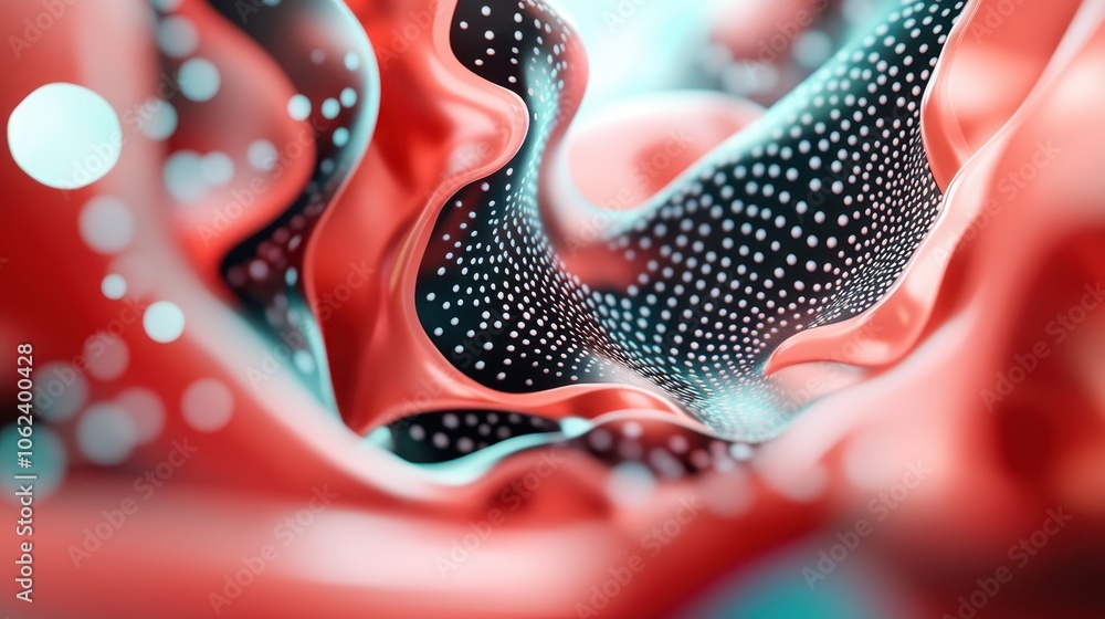 Poster dynamic abstract swirls in red and turquoise adorned with intricate white dots, evoking a sense of f