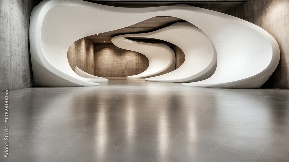 Aufkleber a captivating architectural interior with flowing white curves and smooth reflections on the floor, 