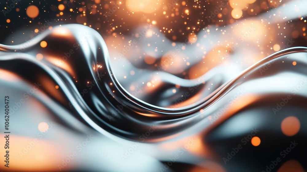 Poster flowing black textures intertwined with vivid orange highlights and an array of sparkling particles,