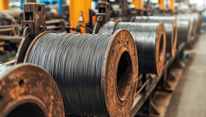 Rolls with steel cable or wire stored in factory warehouse. Generative AI