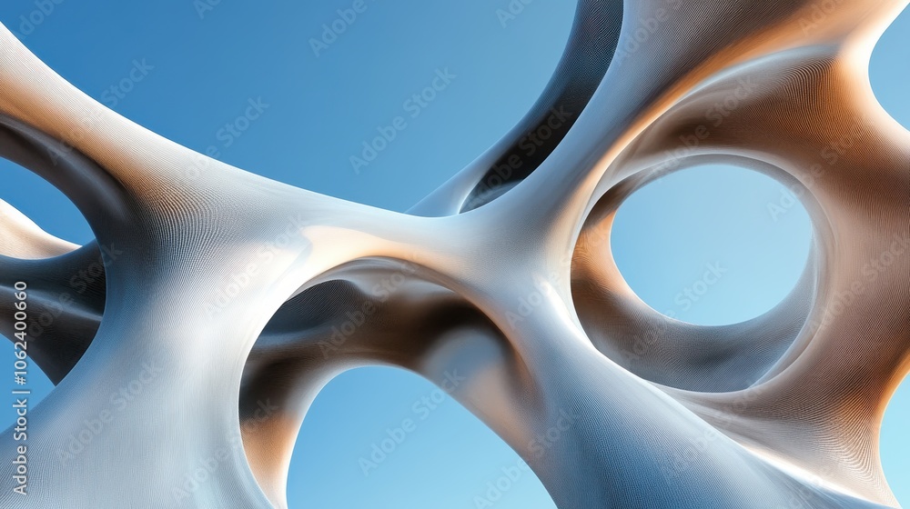 Poster an elegant abstract sculpture showcasing smooth, fluid curves against a clear sky, demonstrating the