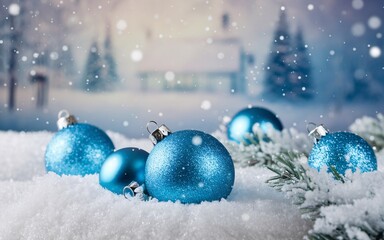 Blue Christmas ornaments in snow with fir branch and a winter background.