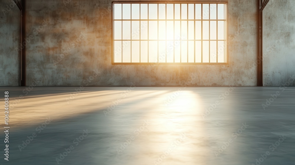 Poster an empty industrial space flooded with warm sunlight streaming through a large window, casting long 