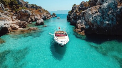 A stunning white boat navigates through a narrow passage flanked by rocky cliffs in crystal clear waters, with bright sunlight reflecting off the aquamarine sea.