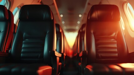 Dark leather airplane seats are beautifully illuminated by a warm, golden sunset, creating an inviting and luxurious atmosphere within the sleek cabin space of the aircraft.