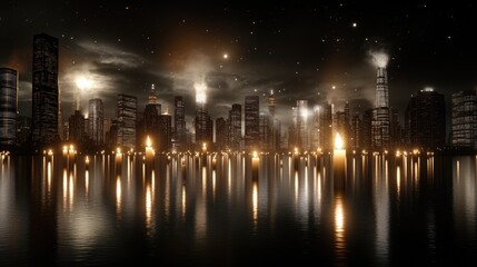 The vibrant skyline of City is illuminated at night, showcasing a blue candlestick chart that represents stock market activity.