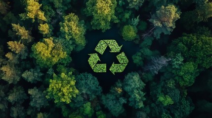A recycling symbol formed from green leaves and placed in the center of the forest. The view is from above, highlighting the green shades of the trees surrounding the symbol.