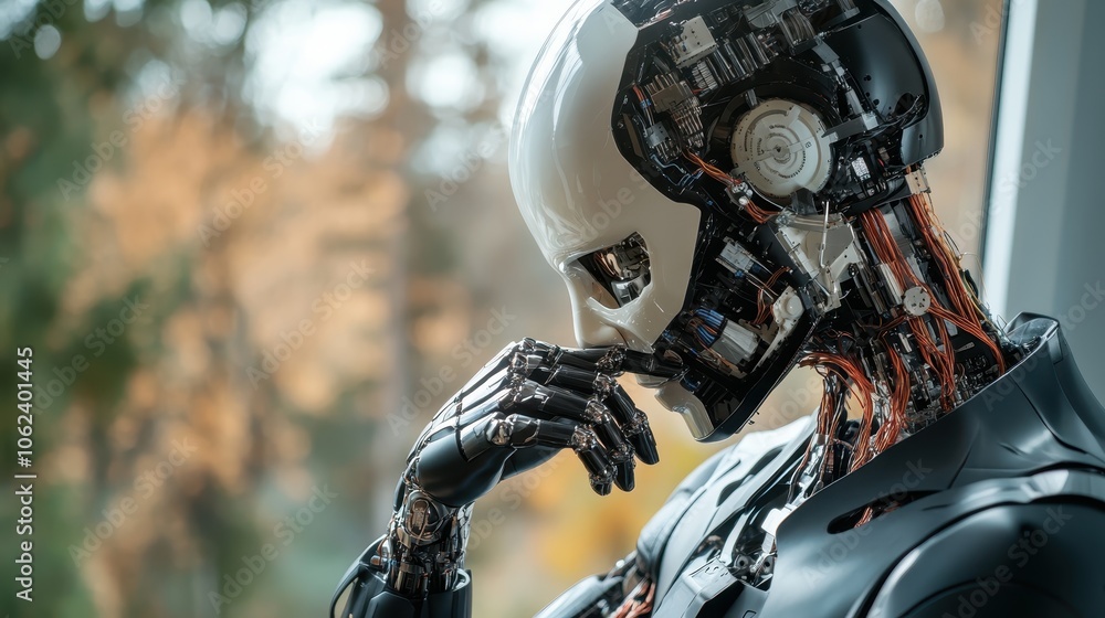 Poster a contemplative robot with exposed circuitry, sitting by a window, embodying deep thought and intros