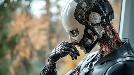 Fototapeta premium A contemplative robot with exposed circuitry, sitting by a window, embodying deep thought and introspection in a creatively futuristic artistic style.