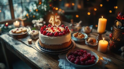 Fototapeta premium A birthday cake with a number 45 candle on top is placed on a wooden table with other desserts, a bowl of raspberries, and lit candles.