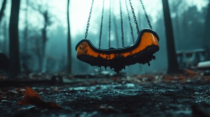 A weathered yellow swing set captured amidst a misty forest environment, evoking a haunting and timeless feeling of forgotten childhood memories in nature.