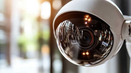This image portrays a surveillance camera monitoring an urban street scene with sunlight filtering through, symbolizing security in a busy environment.