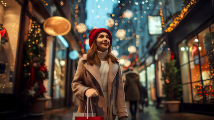 Young woman carries shopping bags while walking down a festive, illuminated street. Christmas gifts shopping