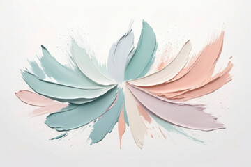 Minimalist abstract composition with soft pastel brushstrokes in teal, peach, lavender and cream shades arranged in circular, floral-like pattern with gentle, organic flow, for delicate design element