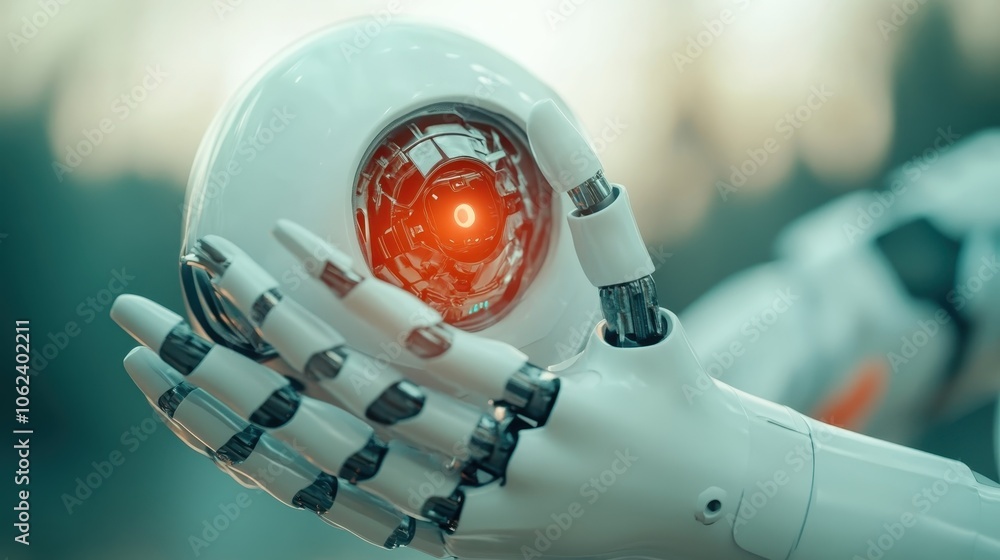 Poster a close-up image of a futuristic robot hand gripping a glowing red spherical object, symbolizing adv