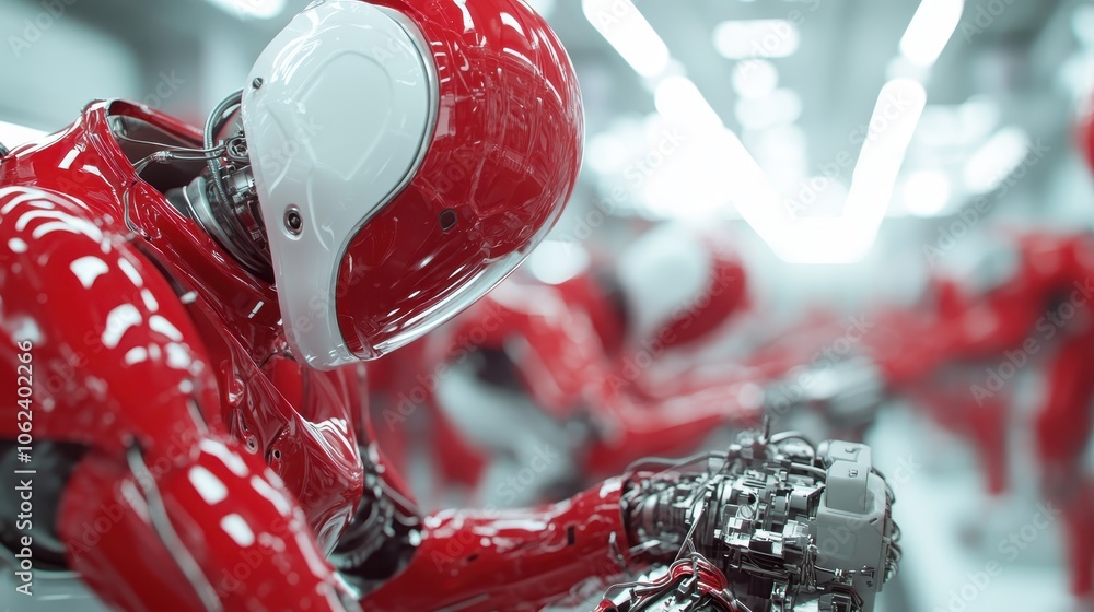 Poster red and white robots are meticulously assembling components on a high-tech, futuristic assembly line