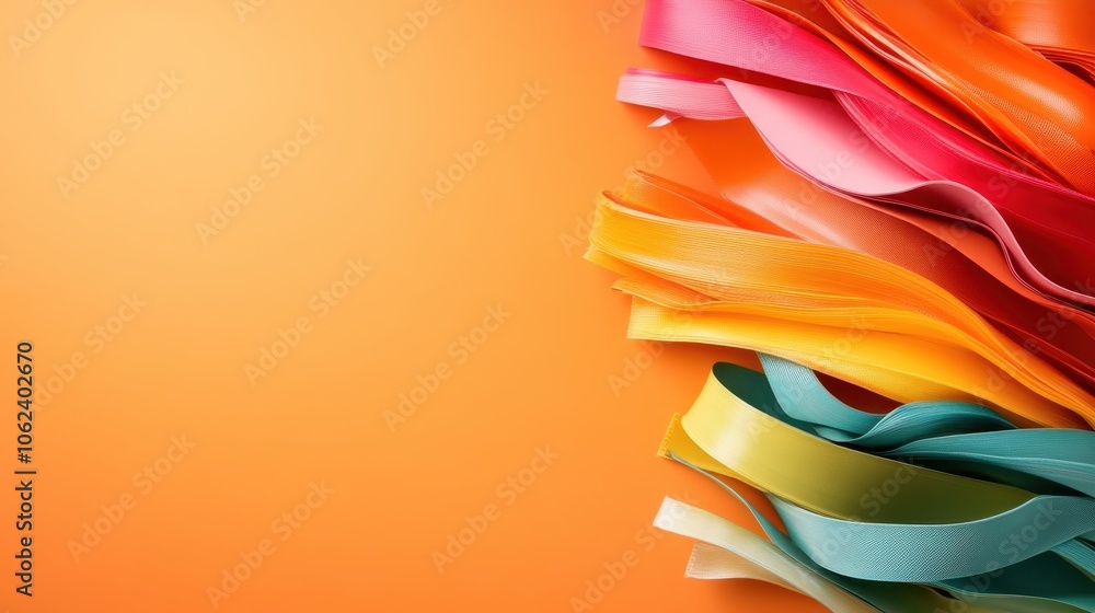 Poster a vibrant collection of colorful ribbons arranged in a flowing, dynamic pattern against an orange ba
